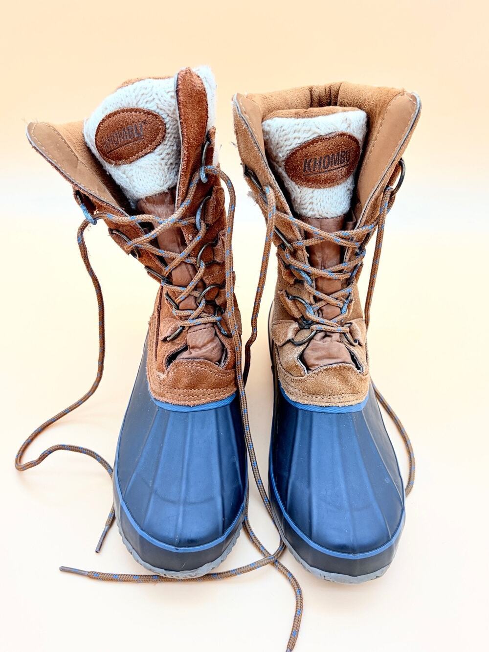 Khombu Duck Boots Womens 10 Winter Snow Boots Suede Cable Knit Cuff Navy Tan